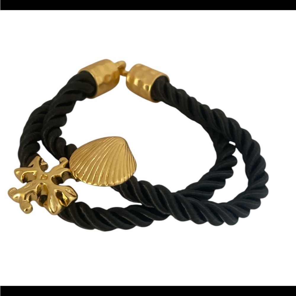Final sale tory Burch Gold Kira logo and Black Shell charms Rope Bracelet